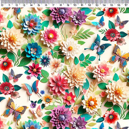 Tricoline Digital Floral F Bege com Borboletas, 50cm x 1,50m