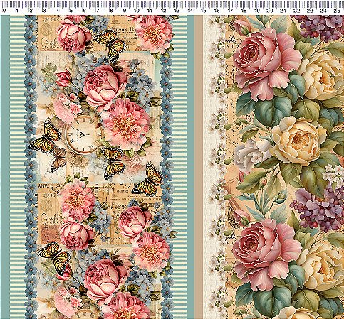 Tricoline Digital Barrado Vintage Flowers, 50cm x 1,50mt