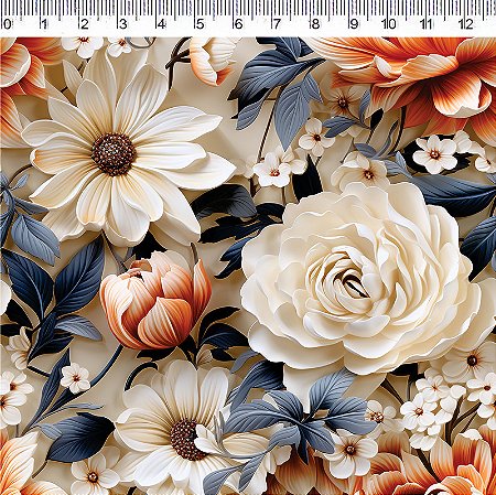 Tecido Tricoline Digital Rosas com Flores, 50cm x 1,50mt