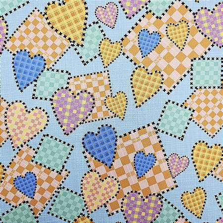 Tecido Tricoline Festa Junina Corações Azul, 50cm x 1,50mt