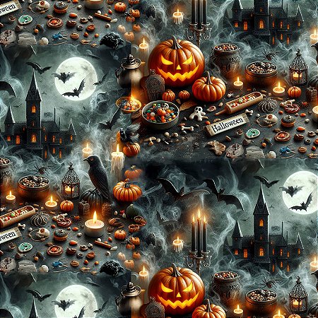 Tricoline Digital Halloween Castelo c/ Morcego 50cm x 1,50mt