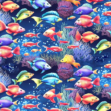 Tecido Tricoline Digital Fundo do Mar Peixes, 50cm x 1,50mt
