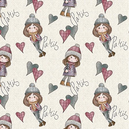 Tricoline Digital Meninas em Paris Fundo Creme 50cm x 1,50mt