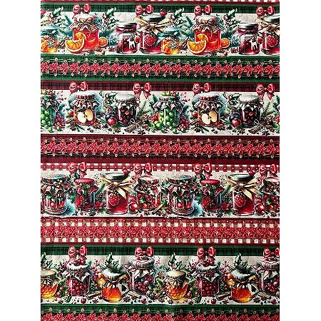 Tricoline Digital Barrado Compotas de Natal, 50cm x 1,50mt