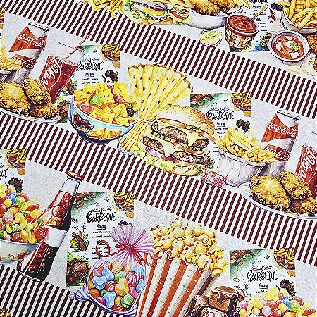 Tricoline Digital Barrado Fast Food, 100%Alg. 50cm x 1,50mt