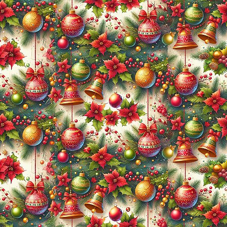Tricoline Digital Natal Bolas e Sinos 100%Alg. 50cm x 1,50mt