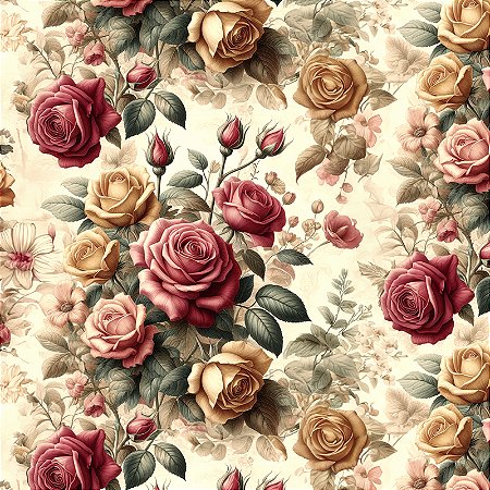 Tricoline Digital Rosas Fundo Bege, 100% Alg. 50cm x 1,50mt