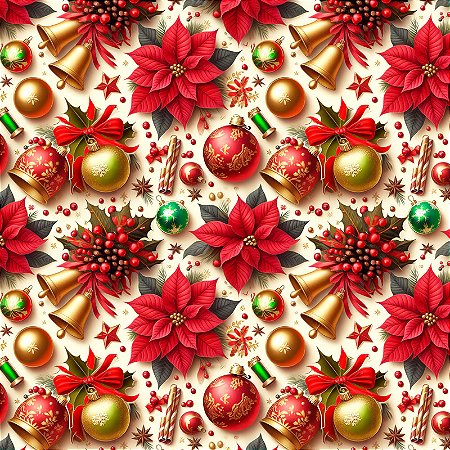 Tricoline Digital Natal Bolas e Poinsetia, 50cm x 1,50mt