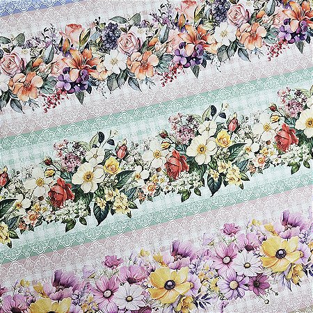 Tricoline Digital Barrado Floral Fundo Xadrez, 50cm x 1,50mt