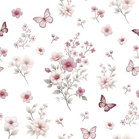 Tecido Tricoline Borboletas no Jardim Rosa, 50cm x 1,50mt
