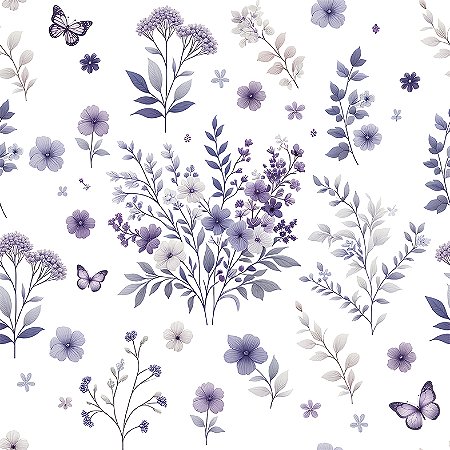 Tecido Tricoline Borboletas no Jardim Lilás, 50cm x 1,50mt