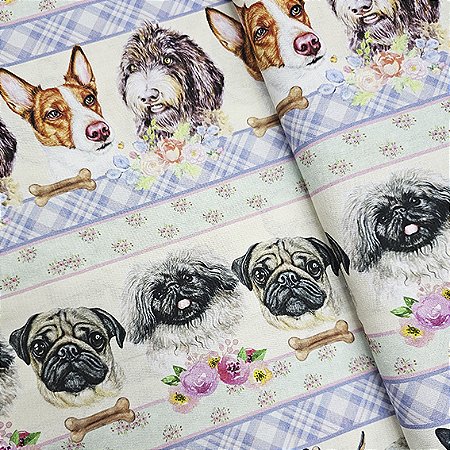 Tricoline Digital Barrado Cachorrinhos, 50cm x 1,50mt