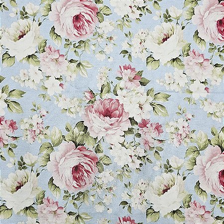 Tricoline Digital Floral Fundo Azul, 100% Alg. 50cm x 1,50mt