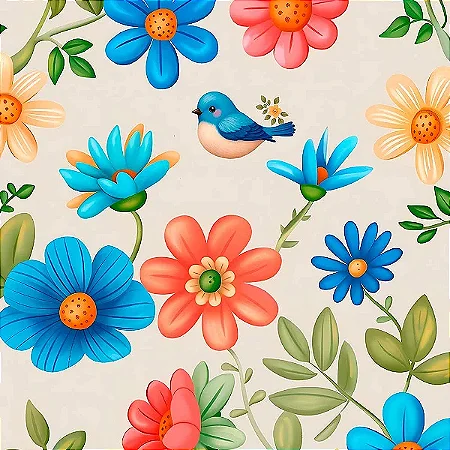 Tricoline Digital Blue Birds Pásaro Flor, 50cm x 1,50mt