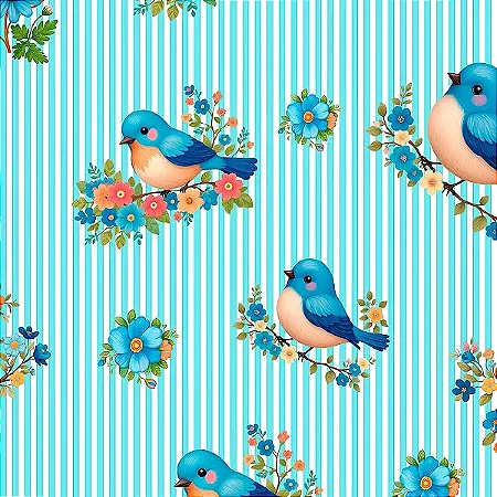 Tricoline Digital Blue Birds Pássaro Listrado, 50cm x 1,50mt