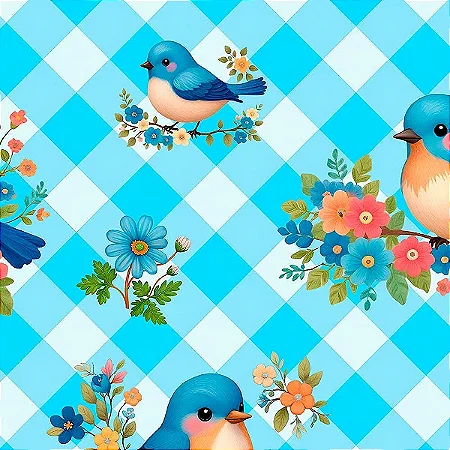 Tricoline Digital Blue Birds Pássaro Xadrez, 50cm x 1,50mt