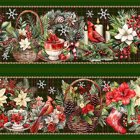 Tricoline Digital Barrado Feliz Natal Verde, 50cm x 1,50mt