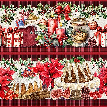 Tricoline Digital Barrado Feliz Natal Vermelho 55cm x 1,50mt