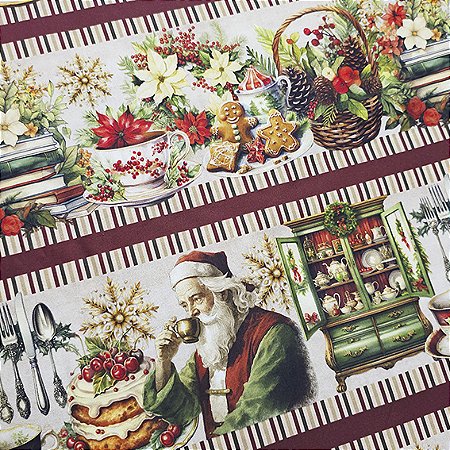 Tricoline Digital Barrado Chá com Papai Noel, 50cm x 1,50mt