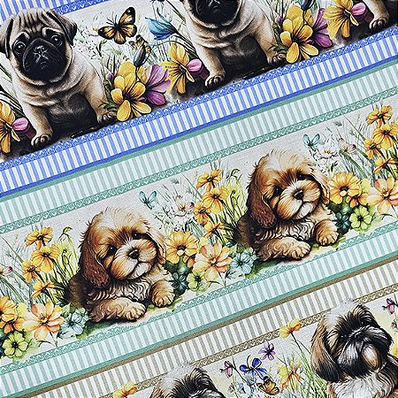 Tricoline Digital Barrado Cachorrinhos, 50cm x 1,50mt