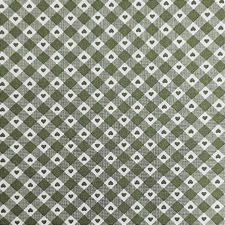 Tricoline Xadrez com Corações Verde Militar, 50cm x 1,50mt