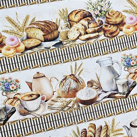 Tricoline Digital Barrado Pães, 100% Algodão, 50cm x 1,50mt