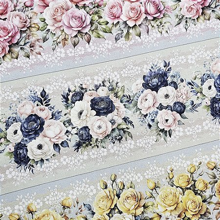 Tricoline Digital Barrado Belas Flores 100%Alg 50cm x 1,50mt