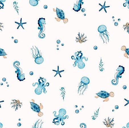 Tecido Tricoline Digital Animais Marinhos, 50cm x 1,50mt