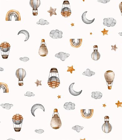 Tecido Tricoline Digital Balões e Estrelas, 50cm x 1,50mt