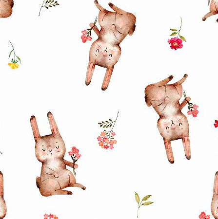 Tecido Tricoline Digital Coelhinhos e Flores, 50cm x 1,50mt