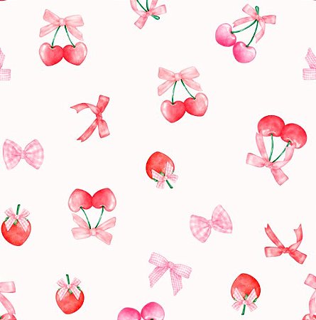 Tecido Tricoline Digital Lacinhos e Cerejas, 50cm x 1,50mt