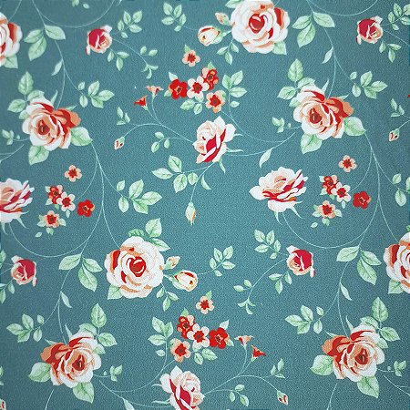 Tecido Tricoline Floral com Ramos Verde, 50cm x 1,50mt
