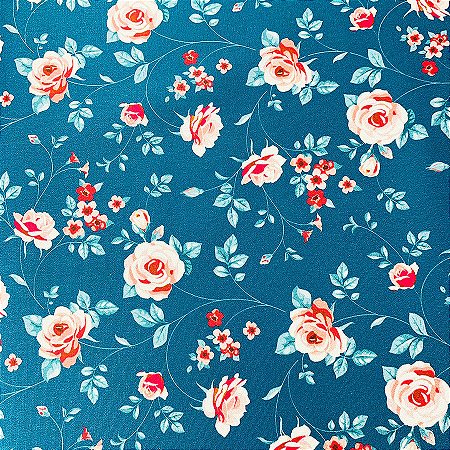 Tecido Tricoline Floral com Ramos Azul, 50cm x 1,50mt