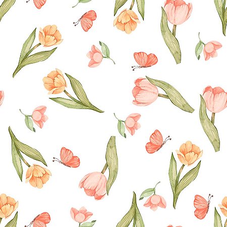Tecido Tricoline Digital Flores com Borboletas 50cm x 1,50mt