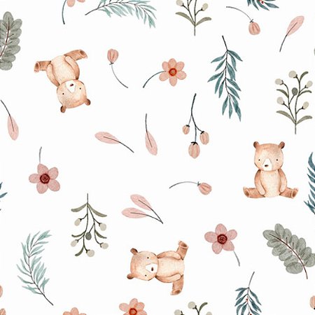 Flanela Est. Digital Ursos e folhas 02, 100%Alg. 50cm X 78cm