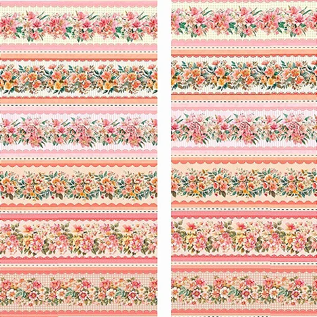 Tricoline Digital Barrado Flores Coral, 50cm x 1,50mt