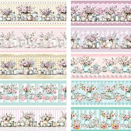 Tricoline Digital Barrado Potes e Flores, 50cm x 1,50mt