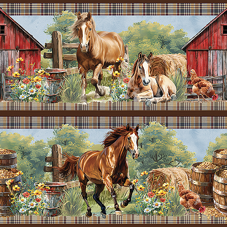 Tricoline Digital Barrado Cavalos na Fazenda, 55cm x 1,50m