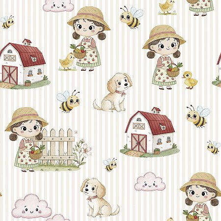 Flanela Estampado Digital Menina Fazendeira, 50cm X 78cm