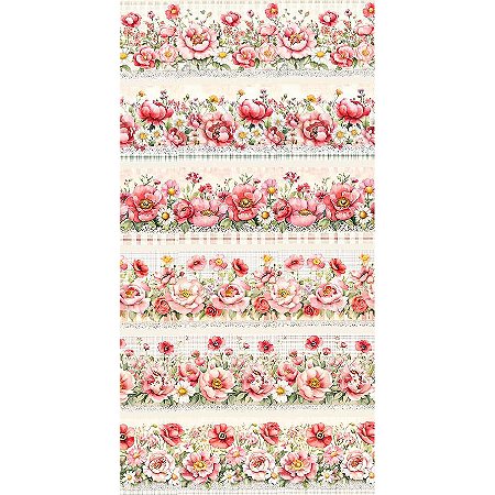 Tricoline Dig Barrado Flores Rosa 100%Algodão, 50cm x 1,50mt