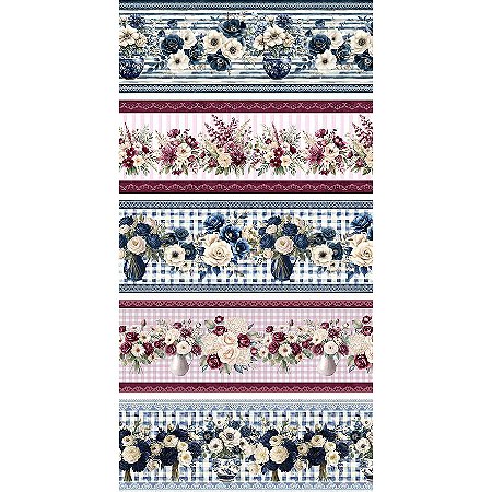 Tricoline Dig Barrado Flores Marinho e Vinho, 50cm x 1,50mt