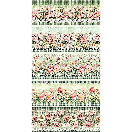 Tricoline Dig Barrado Flores Verde 100%Algodão 50cm x 1,50mt