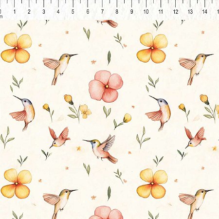 Tricoline Voando com Beija Flor, 100% Algodão, 50cm x 1,50mt