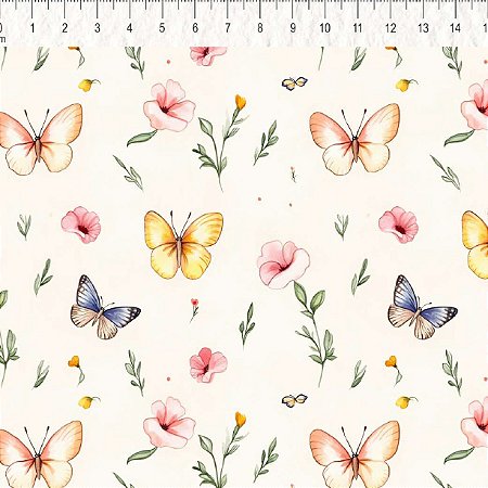 Tricoline Voando com Borboletas, 100% Algodão, 50cm x 1,50mt