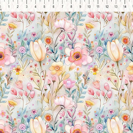 Tricoline Flores Encantadas 02, 100% Algodão, 50cm x 1,50mt