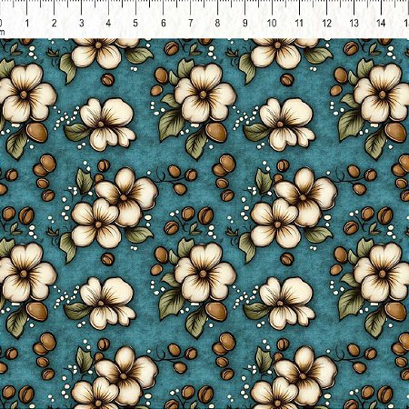 Tricoline Digital Flores e Grãos, 100%Algodão, 50cm x 1,50mt