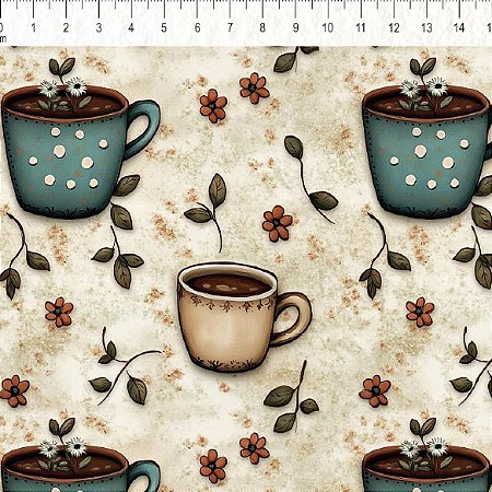 Tricoline Digital Xícaras Creme, 100% Algodão, 50cm x 1,50mt