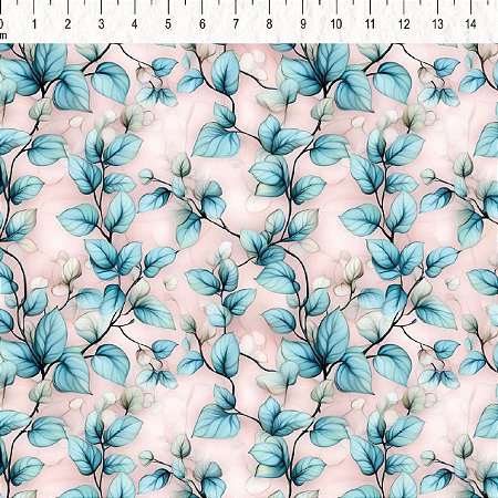 Tricoline Digital Folhas Blush, 100% Algodão, 50cm x 1,50mt