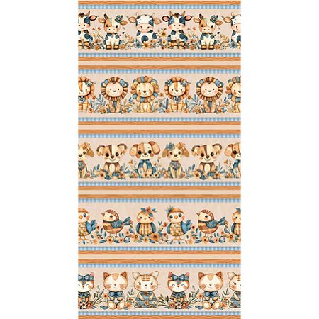 Tricoline Dig Barrado Animais Madeira 100%Alg, 50cm x 1,50mt