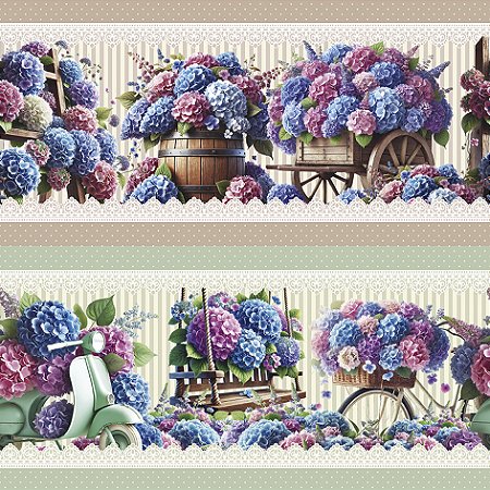 Tricoline Digital Barrado Hortênsias, 100%Alg. 50cm x 1,50mt